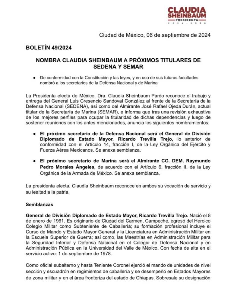 Claudia Sheinbaum anuncia a los próximos titulares de Sedena y Semar ...
